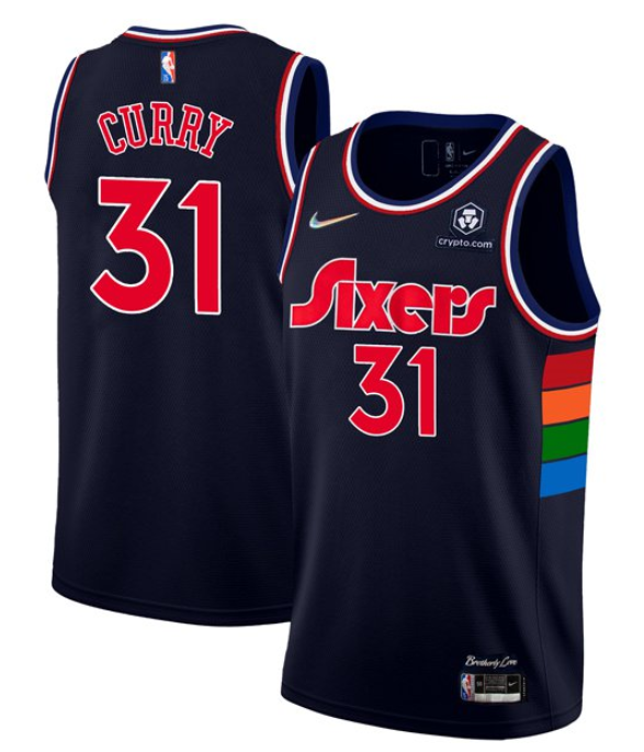 Men's Philadelphia 76ers #31 Seth Curry Navy Icon Edition 75th Anniversary Stitched Swingman Jersey Men's Philadelphia 76ers #31 Seth Curry Navy Icon Edition 75th Anniversary Stitched Swingman Jersey